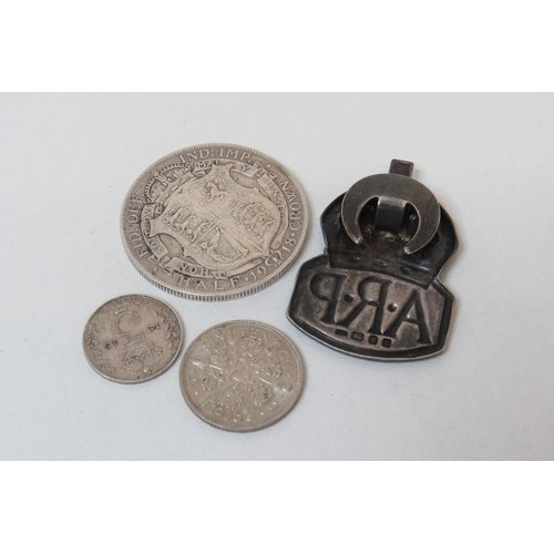 54 - Silver A.R.P Air raid badge, 1918 silver halfcrown, 1915 silver 3d