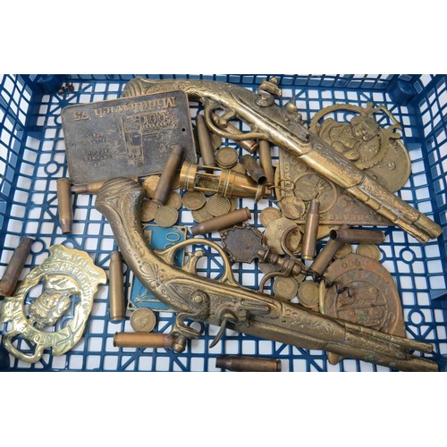 47 - Tray of brass items including coins, coal mining items, plaques etc