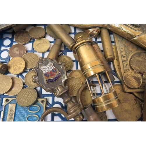 47 - Tray of brass items including coins, coal mining items, plaques etc