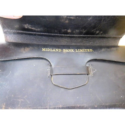 33 - Midland Bank limited leather wallet/bag and an assortment of vintage shoe making equipment.