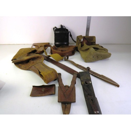 34 - Job lot of Military equipment including WW1 canteen, Skorpian Czech army holster, cartridge holder e... 