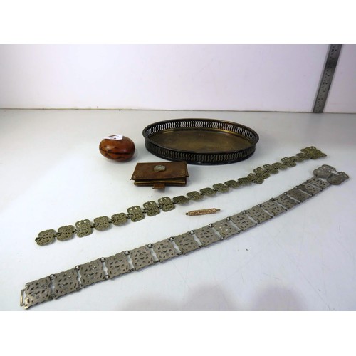 36 - Old gold tone propelling pencil, two ornate silver plate belts and other collectables.