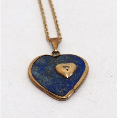 34 - 9ct Gold Lapis Lazuli & Diamond Heart pendant necklace, chain length 16