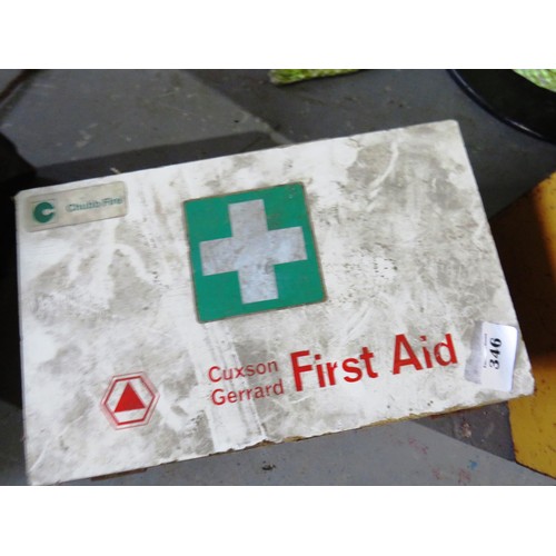 346 - Wooden first aid box and contents