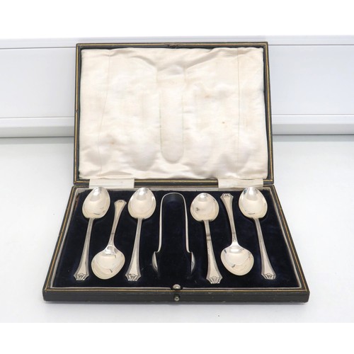 37 - Vintage canteen set of six sterling silver teaspoons (Wilmot Manufacturing) and Silver sugar tongs (... 