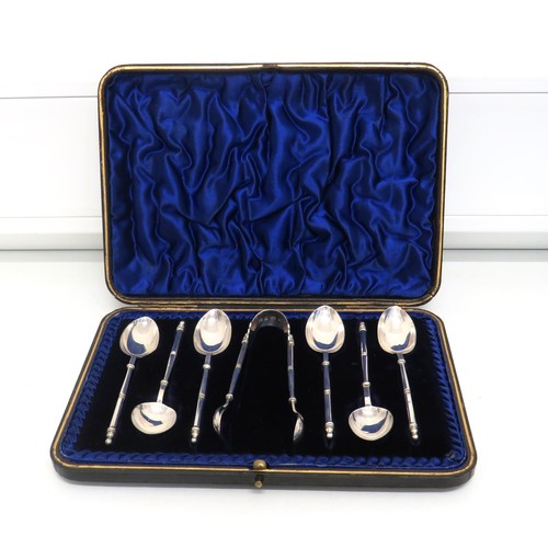 38 - Antique Cased set of six silver teaspoons and sugar tongs by Hiliard & Thomason C1898.