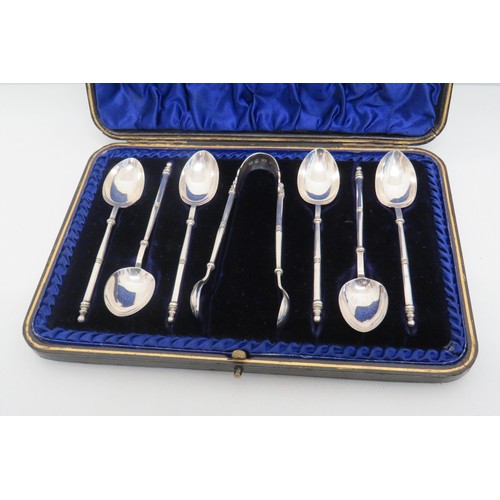 38 - Antique Cased set of six silver teaspoons and sugar tongs by Hiliard & Thomason C1898.