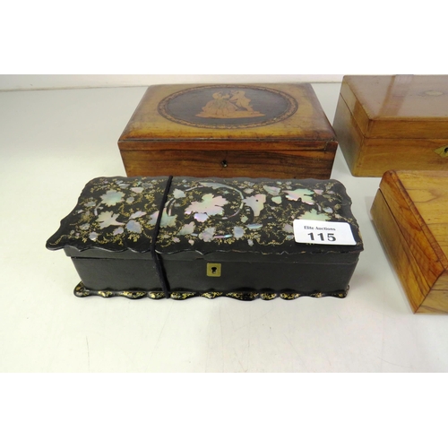 115 - Four collectable boxes including papier mache box with Mother of pearl inlay