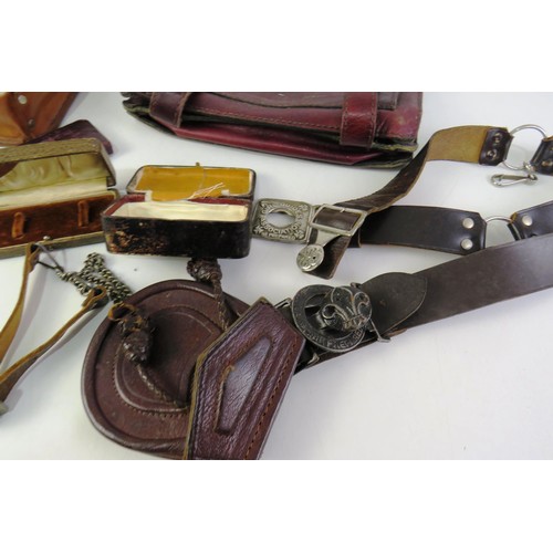 163 - Vintage Leather satchell bag, leather pouches, girl guides belts and two old jewellery boxes.