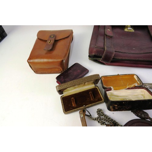 163 - Vintage Leather satchell bag, leather pouches, girl guides belts and two old jewellery boxes.