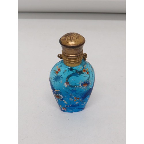 201 - Antique enamelled blue glass perfume bottle chatelaine - complete with stopper