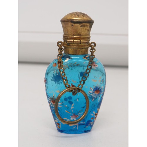 201 - Antique enamelled blue glass perfume bottle chatelaine - complete with stopper