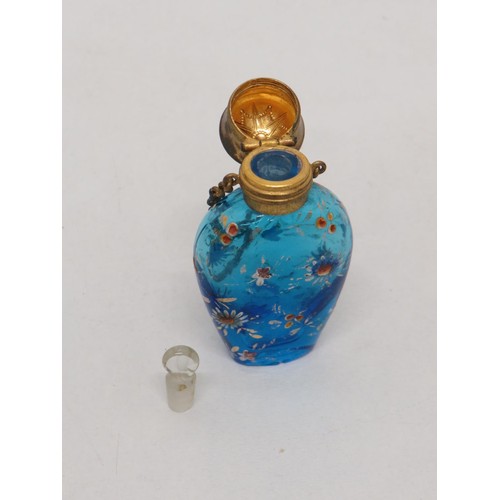 201 - Antique enamelled blue glass perfume bottle chatelaine - complete with stopper