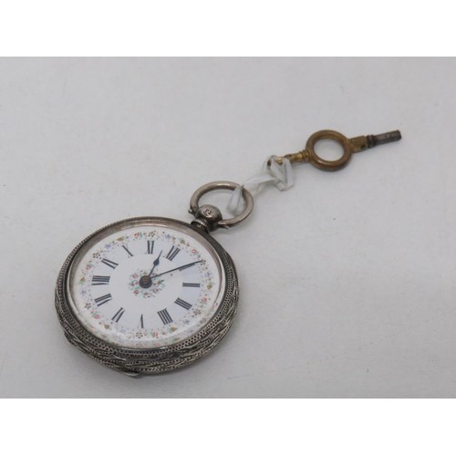 205 - Antique sterling silver cased ladies pocket watch with key