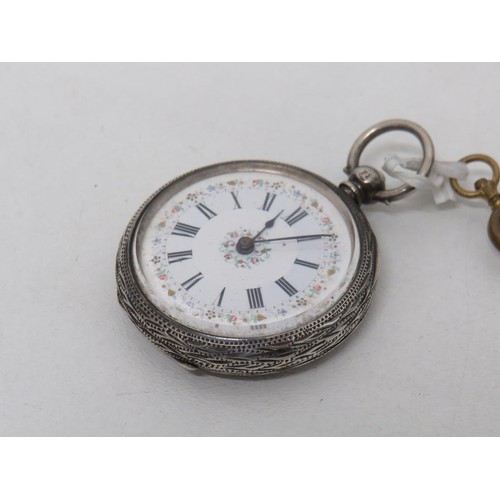 205 - Antique sterling silver cased ladies pocket watch with key