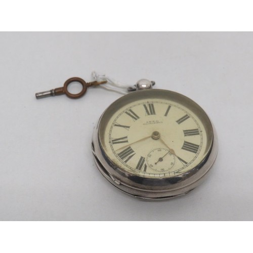 210 - Antique sterling silver cased waltham pocket watch with key