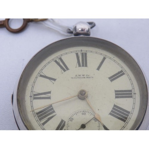 210 - Antique sterling silver cased waltham pocket watch with key