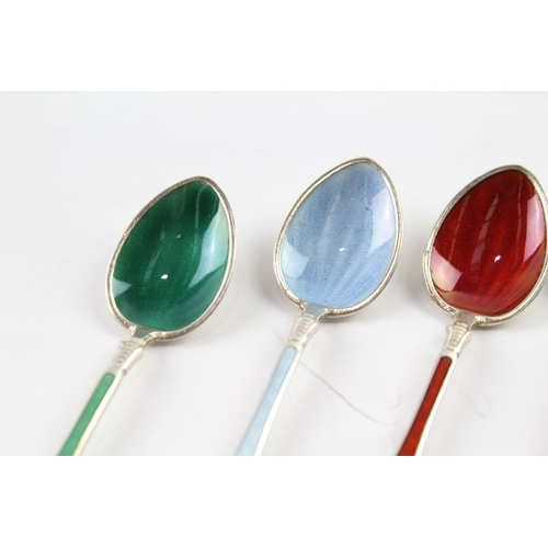 558 - 4 x Vintage Stamped .925 Norway Sterling Silver Guilloche Enamel Spoons 48g