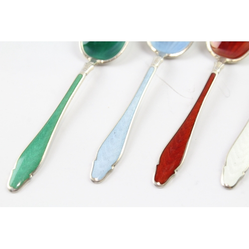 558 - 4 x Vintage Stamped .925 Norway Sterling Silver Guilloche Enamel Spoons 48g