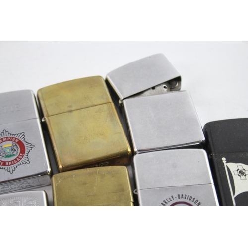 635 - Vintage Zippo Lighters Inc Harley-Davidson, HMS Ark Royal, Fire Brigade Etc x 10