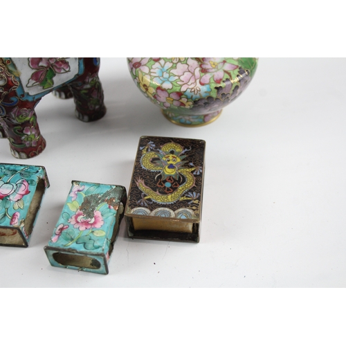 512 - East Asian Cloisonne Enamel Ornaments Inc Vase, Matchbox Cover Etc