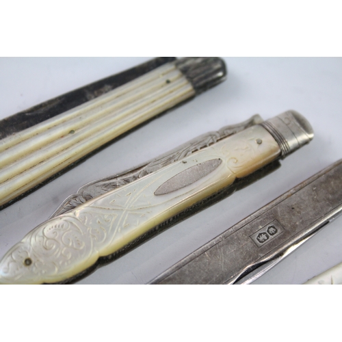 592 - 4 x Antique / Vintage .925 Sterling Silver Pen & Pocket Knives inc MOP 72g