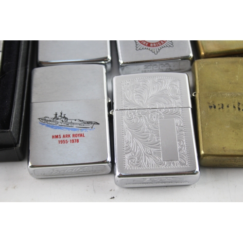 635 - Vintage Zippo Lighters Inc Harley-Davidson, HMS Ark Royal, Fire Brigade Etc x 10