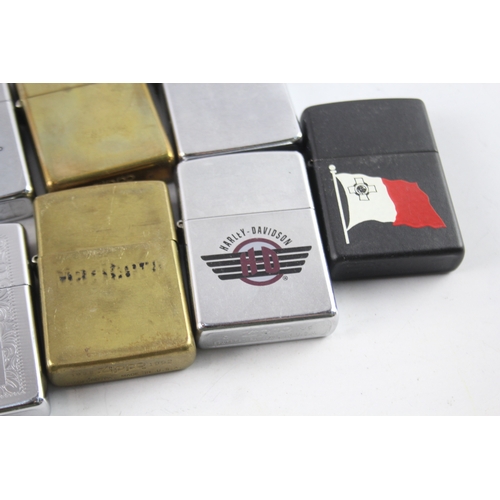 635 - Vintage Zippo Lighters Inc Harley-Davidson, HMS Ark Royal, Fire Brigade Etc x 10