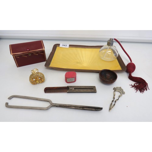 343 - Vintage vanity items to include Guilloche Enamel tray, Hair comb, perfume bottle etc.