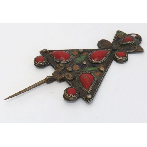 346 - Antique Kabyle Fibula enamel and gemstone Cloak Clasp.