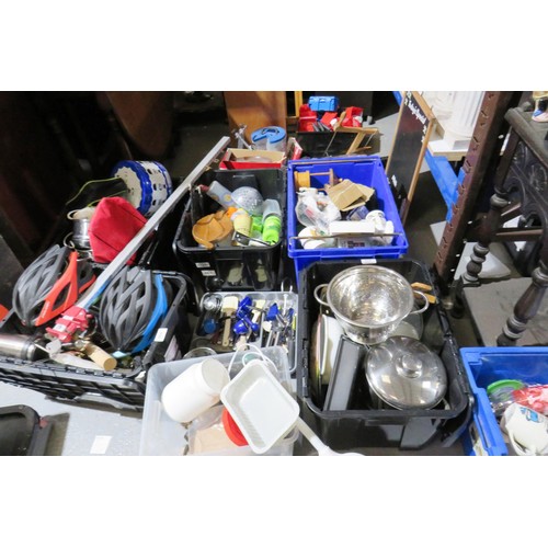 358 - Eight tubs of unsorted kitchenware, bench saw and tools