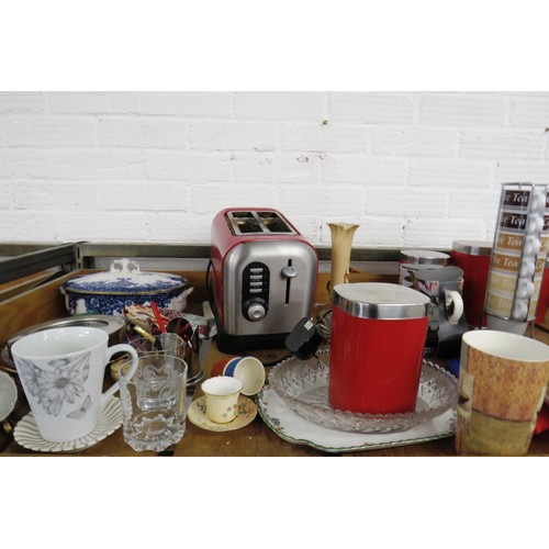 361 - Shelf lot including tureen plant pot, kettle, cups, glassware etc