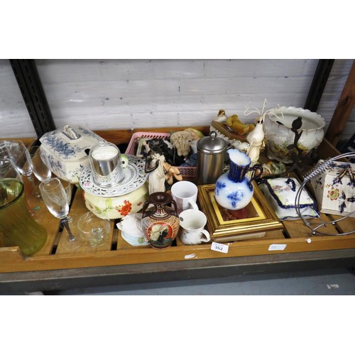 362 - Shelf lot including, tureen, plant pot, jugs, ornaments etc