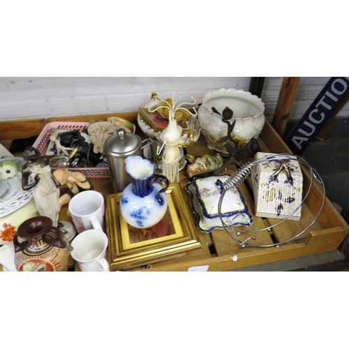 362 - Shelf lot including, tureen, plant pot, jugs, ornaments etc