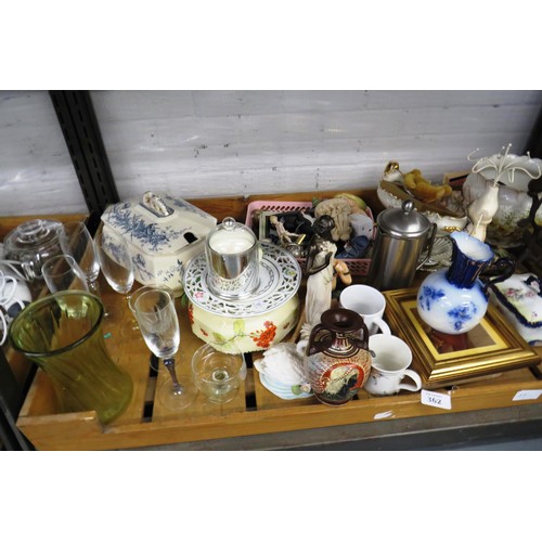 362 - Shelf lot including, tureen, plant pot, jugs, ornaments etc