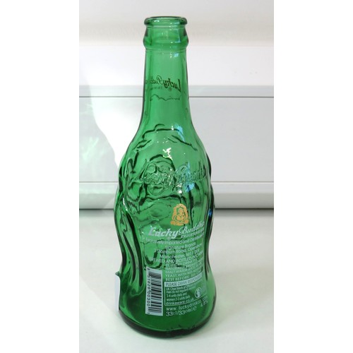 67 - Lucky Buddha green glass beer bottle.