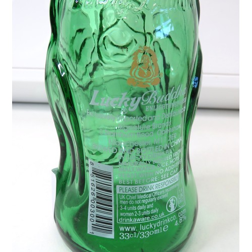 67 - Lucky Buddha green glass beer bottle.