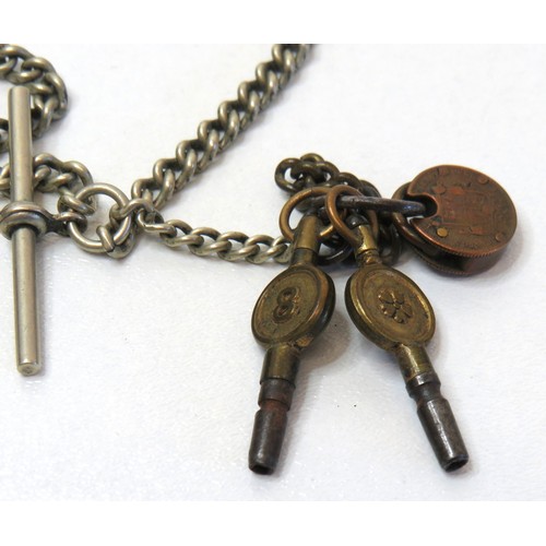 93 - Antique Albert chain with miniature coin padlock and two keys.