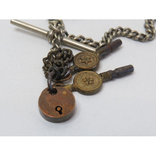 93 - Antique Albert chain with miniature coin padlock and two keys.