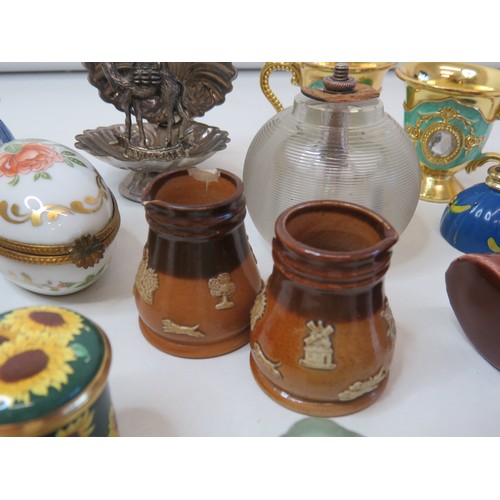 76 - Collectables to include miniature Doulton Lambeth stoneware pitchers, oriental, ribbed glass match s... 