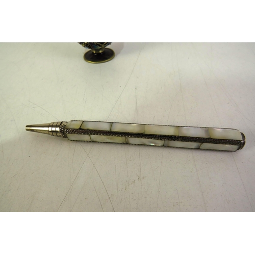 258 - Mother of pearl pen and ornate perfume bottle