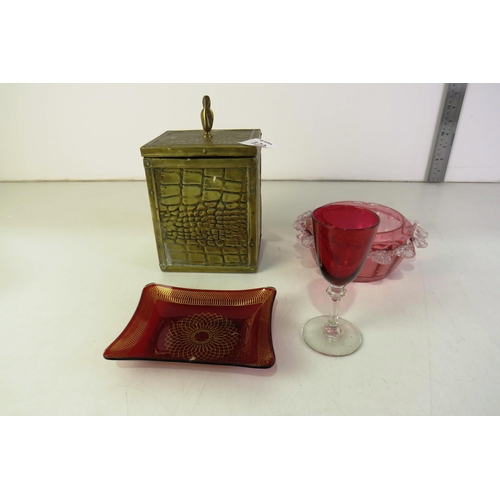 152 - Brass tea caddy, wine glass, bowl trinket tray