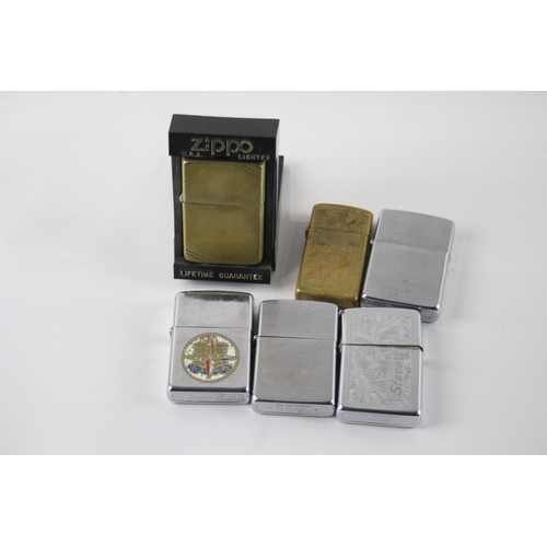 480 - Zippo Lighters Inc Brass, Chrome, Etched x 6