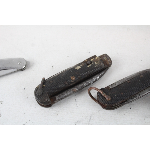 518 - Folding Multitool Knives Inc 1950s Military w/ Broad Arrow, Wood Handle, Etc x 8