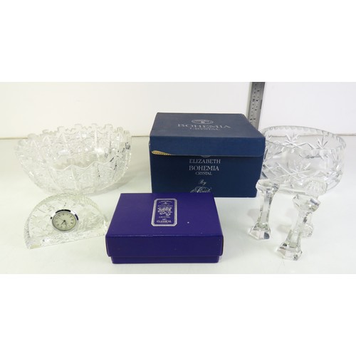 295 - Glass items to include two Bohemia crystal bowls, knife rests and boxed Edinburgh crystal clock.