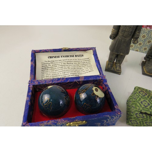 297 - Oriental chinese boading ball sets and boxed set of three terracotta warrior figures.