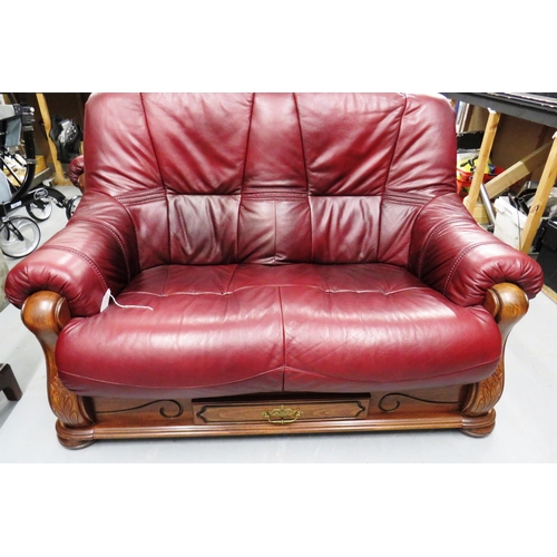 329 - Red leather two seater and three seater sofa