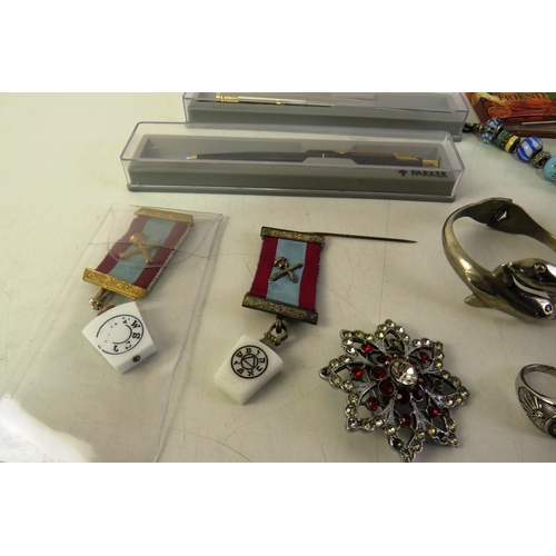 350 - Selection of pens, masonic, items and costume jewellery