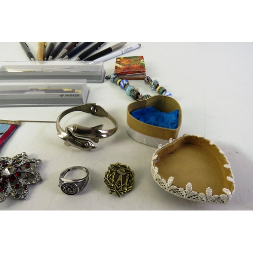 350 - Selection of pens, masonic, items and costume jewellery