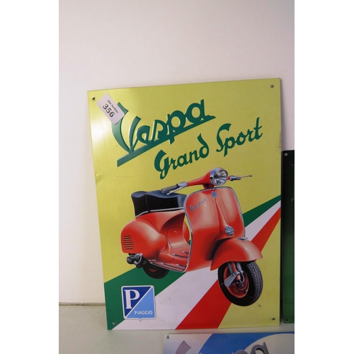 356 - Three metal signs- vespa and lambretta innocenti, vespa grand sport